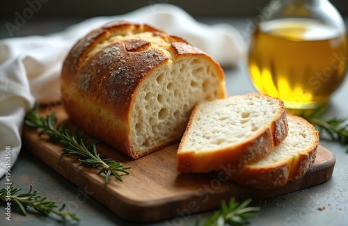 Freshly baked ciabatta bread sliced on wooden board with rosemary sprigs nearby. Glass bottle of golden olive oil sits in soft focus background. Artisanal loaf boasts crusty exterior, airy interior