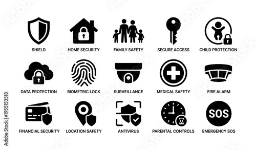 Security and safety icons featuring family, surveillance, and emergency symbols