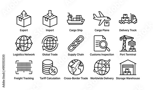 Global trade icons: export, import, shipping, delivery, logistics, customs, supply chain, tracking