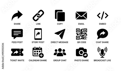 Communication and sharing icons: share, link, copy, email, embed