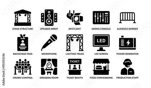 Concert equipment icons set featuring stage, lighting, sound, and crowd management elements