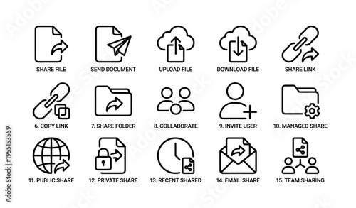 Icon set for sharing and collaboration: files, links, users, and document management