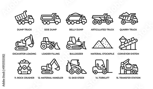 Heavy machinery icons: dump truck, loader, excavator, forklift, quarry equipment