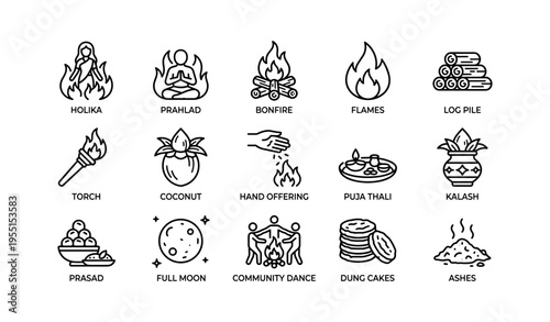 Icon collection illustrating holi festival traditions and rituals