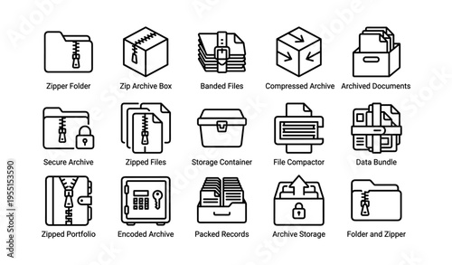 Icons of zipper folders and archived files for secure and compressed storage
