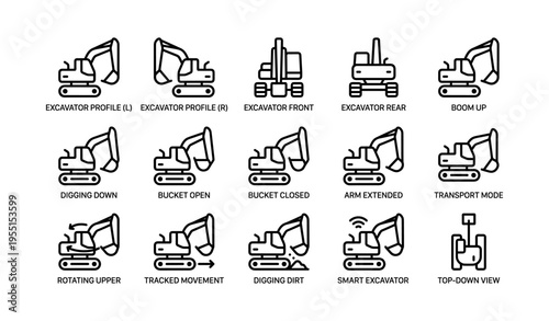 Outline illustrations of excavators showing various positions and functions