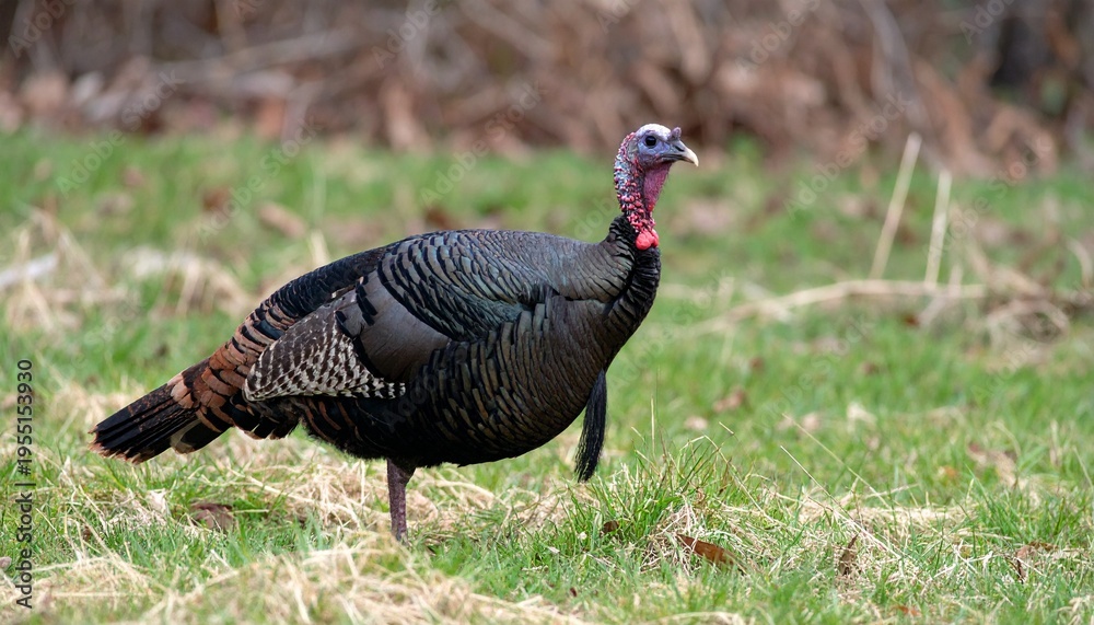 Fototapeta premium A male Wild Turkey (Meleagris gallopavo) standing in a grassy clearing near a woodland edge.