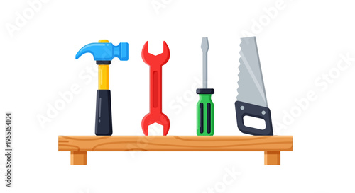 Colorful tools on wooden shelf: hammer, wrench, screwdriver, saw in flat style