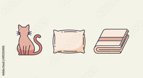 Cute minimalist cat, pillow, and book in soft pastel colors