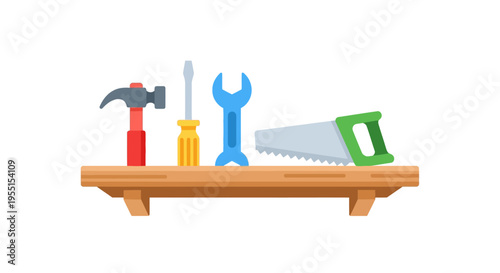 Essential tools collection on shelf: hammer, screwdriver, wrench, and saw