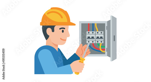 Electrician fixing circuit breaker panel with tools in detailed flat style