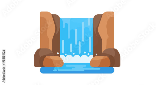 Colorful flat style waterfall between rocky cliffs with splashing water