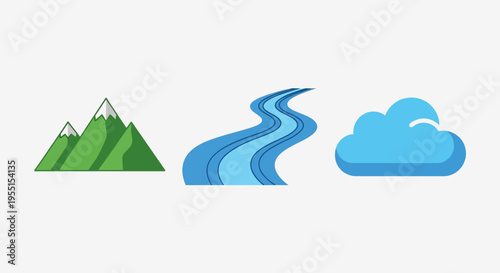 Simple nature icons: mountain, river, and cloud in flat design