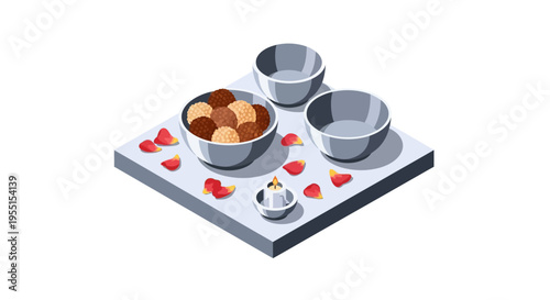 Isometric spa setting with rose petals and candle on white tray