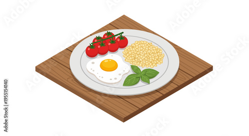 Isometric breakfast plate with eggs, tomatoes, and rice on wooden table