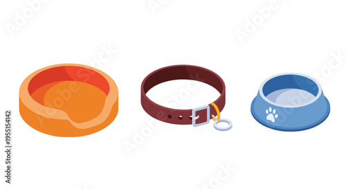 Pet accessories set featuring collar and bowls in isometric style