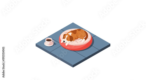 Cozy dog resting in a pet bed with coffee on a tile floor in isometric style