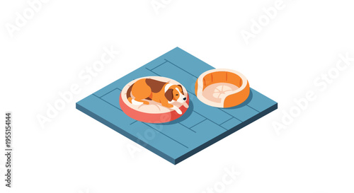 Isometric illustration of a puppy resting in a cozy dog bed on a blue tiled surface