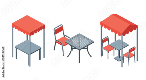 Outdoor cafe furniture with red canopy and metal chairs in isometric view