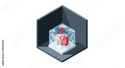 Isometric heart in ice cube within geometric setting