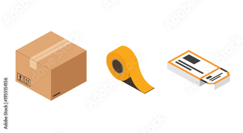 Isometric packing elements set: box, tape, and shipping label