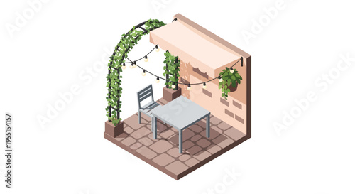 Cozy isometric patio with table, chairs, string lights, and greenery