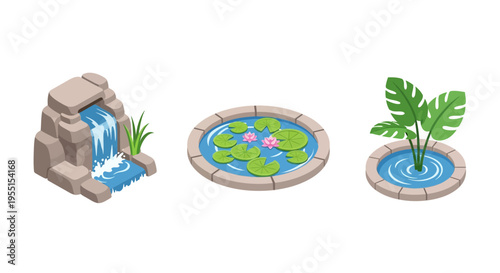 Isometric garden elements: stone waterfall, lily pond, tropical plant design