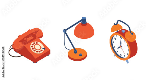 Retro devices in isometric style: rotary phone, desk lamp, alarm clock