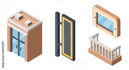 Isometric building elements with modern architectural features