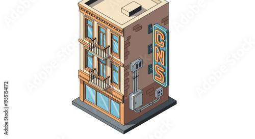 Retro isometric urban building with neon sign and balconies