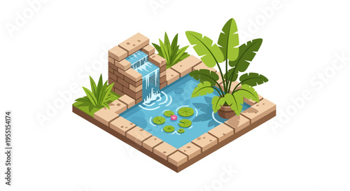 Tranquil isometric garden pond with waterfall and greenery