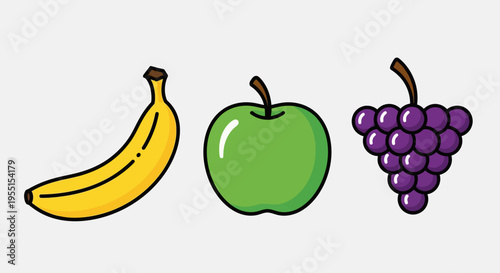 Colorful cartoon fruit trio featuring banana, green apple, and grapes