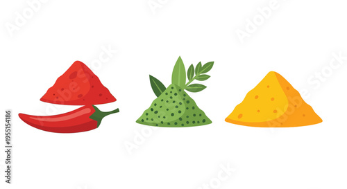 Colorful assortment of red chili, green herb, and yellow spice in flat design