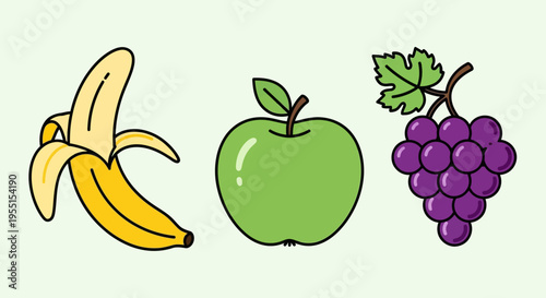 Colorful artistic fruits: banana, apple, and grapes in bold cartoon style