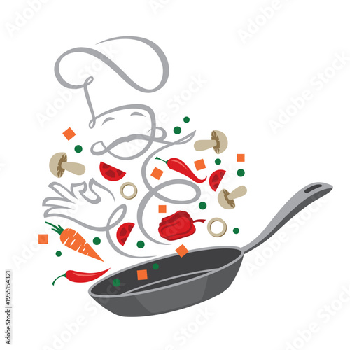 cooking process of vegetables on pan isolated on white background