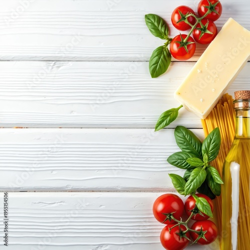 Italian food ingredients on white wood spaghetti, fresh tomatoes, basil, parmesan cheese, olive oil. Flat lay arrangement for culinary inspiration, recipe creation or menu design.