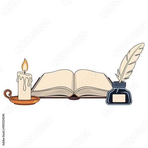 Open book with candle and inkwell, perfect for poetry blog headers, historical literature covers, dark academia aesthetic posters, and library event announcements during National Library Week