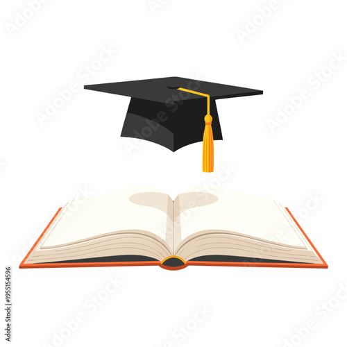 Open book with academic square cap, perfect for graduation ceremony invitations, university enrollment brochures, educational websites, "back to school" marketing campaigns