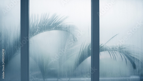 Soft focus view of palm trees through a misty window on a serene, rainy day, evoking a tranquil and peaceful atmosphere