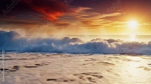 Epic ocean wave crashing on a golden sand beach at sunrise with fiery orange clouds