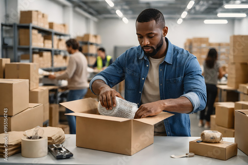 Warehouse Worker Packing Shipping Box in Modern 3PL Fulfillment Center