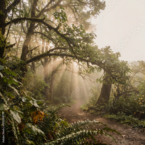 Sunlit path winding through a mystical forest shrouded in morning mist, creating a serene and enchanting natural landscape