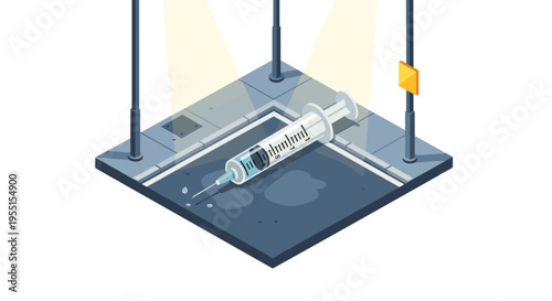 Isometric syringe on city sidewalk: urban health and safety concept