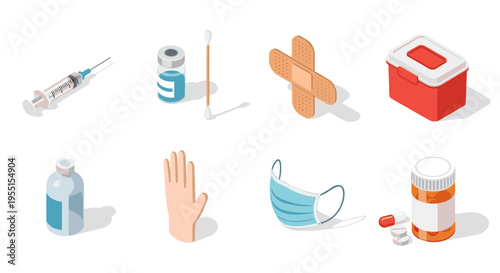 Essential medical supplies: isometric collection of tools for