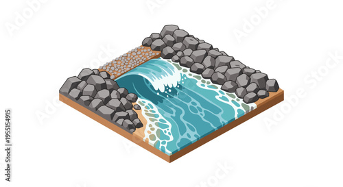 Isometric coastal rock formation with waves and pebbles