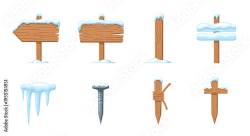 Winter wooden signs and icicles set with snowy detailing for seasonal