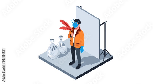 Isometric scene of painter in studio with feather and paint