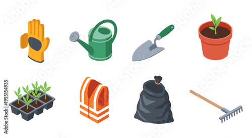 Colorful gardening tools icon set with planting elements