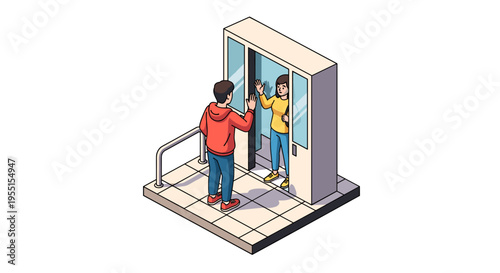 Isometric couple separated by glass partition in mall setting