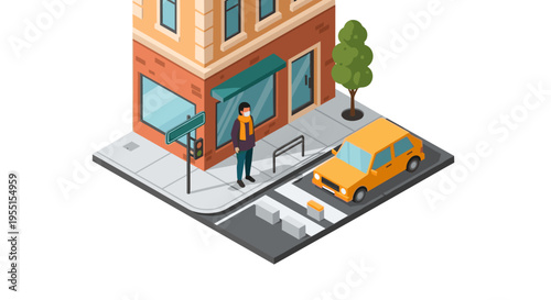Isometric urban street corner with pedestrian and car in autumn
